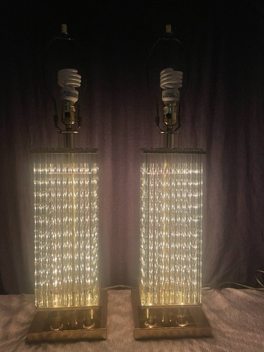 Pair Vintage 70’s Gaetano Sciolari for Lightolier Brass & Glass Rods Table Lamps - Picture 16 of 21