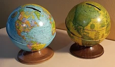 TWO Vintage Ohio Art 4" Tin Lithograph Globe Savings Coin Banks