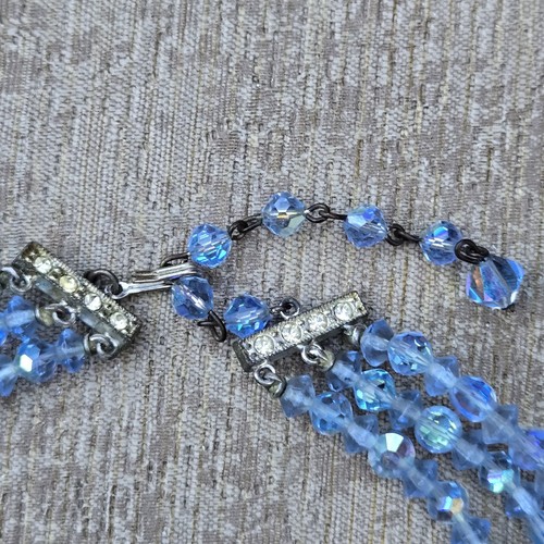 Vintage Faceted Bead Necklace & Clip On Earrings Blue Crystal Rhinestone - Picture 7 of 12