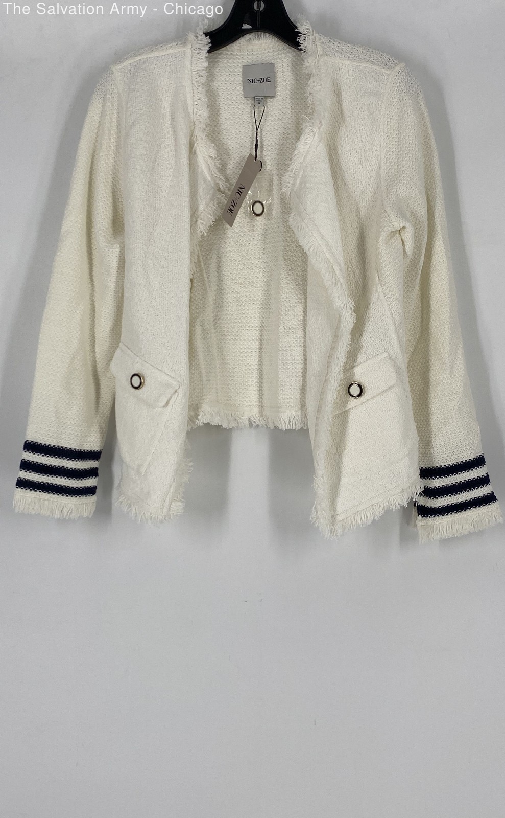 Nic + Zoe Womens Cream Fringe Mix Knit Open Front Jacket Size Small