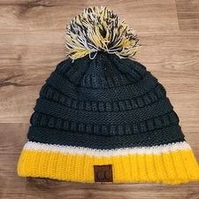 Beanie Winter Cap Hat Knit C.C Exclusives Pom Pom Green Gold