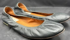 Lanvin Paris Pebbled Navy Leather Ballerina Flats Sz 38 Gold Detail Excellent