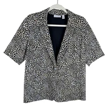 Susan Graver Leopard Print Half Sleeve Stretchy Buttoned Blazer Pockets Size L