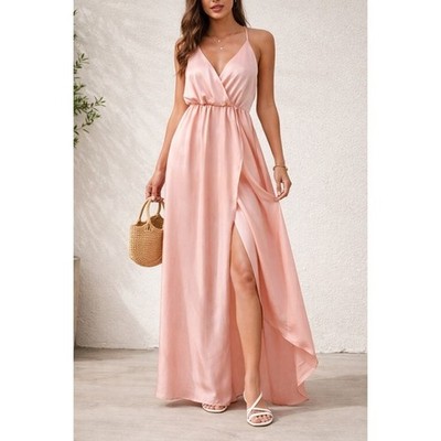 NWT Champagne Blush Goddess Flowy Satin Maxi Dress Size 6