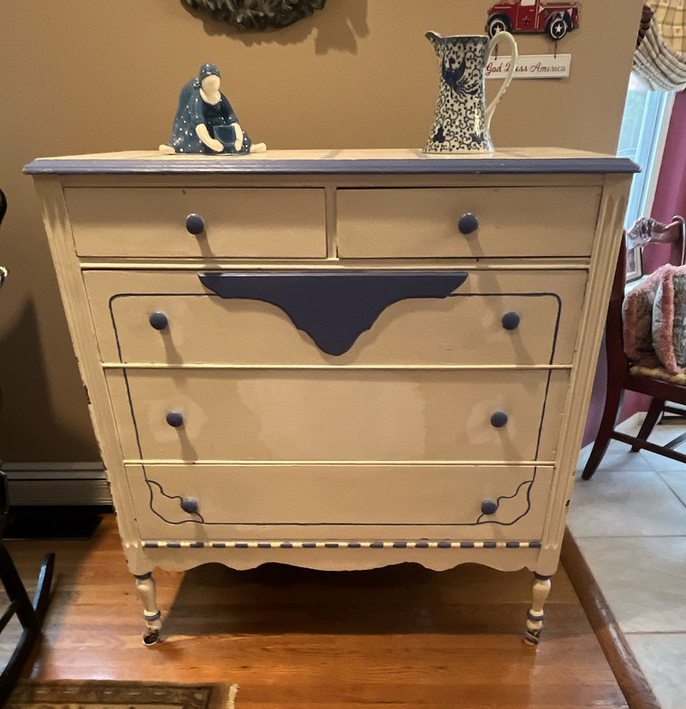Painted Blue & White Wood 5-Drawer Dresser, Knob Pulls, 40x19x42 in