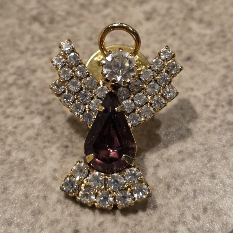 Angel Rhinestone Pin Gold Tone Clear Rhinestones Purple Teardrop Crystal