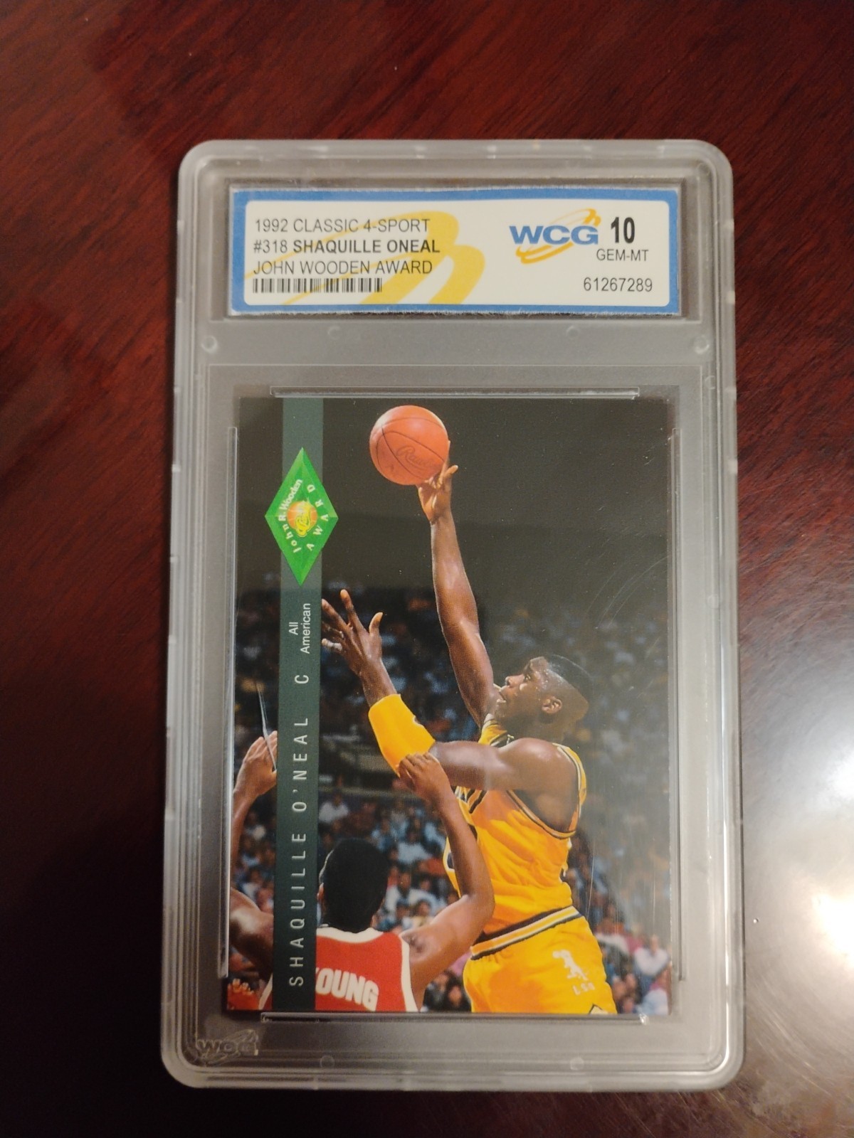 PSA 9 MINT 1992 CLASSIC 4 SPORT #318 SHAQUILLE O'NEAL JOHN WOODEN AWARD RC FOUR