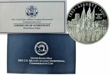 2002 W US Commemorative Military Academy Proof Silver Dollar Coin w/ Box & COA