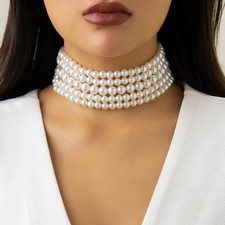 Vintage Imitation Pearl Multi-Layer Necklace Oval Beasds Choker Elegant Collar f