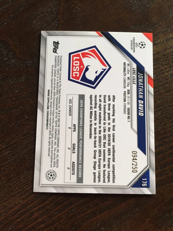 2021-22 Topps UEFA Jonathan David Rookie RC Canada Juventus Lille Gold 94/250 - Image 2 of 2