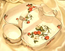HANKOOK ENGLAND ORIGINAL TECH BONE CHINA CREAM/SUGAR 3 PIECE STRAWBERRY PATTERN