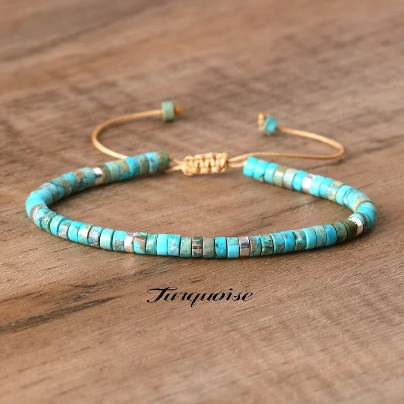Pulsera de piedras preciosas curativas pequeñas cuentas delicadas azul turquesa natural para mujer y hombre Foto 2 de 3