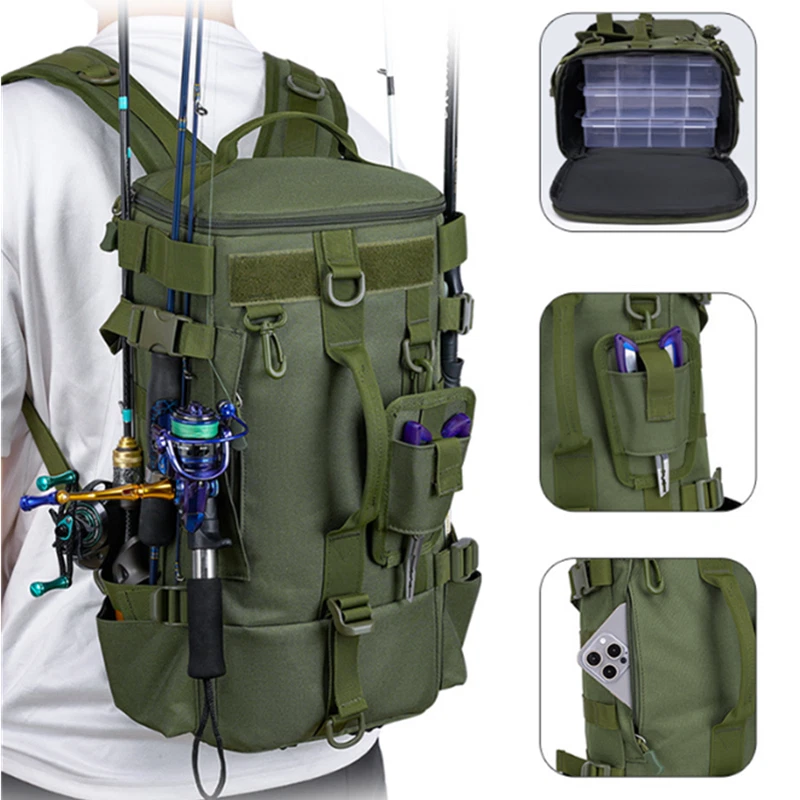 Mochila para aparejos de pesca con soporte para caña grande impermeable para 4 cajas de aparejos Lg Foto 3 de 4