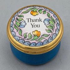 Halcyon Days Enamels Trinket Box Thank You Flowers Screw Top Blue