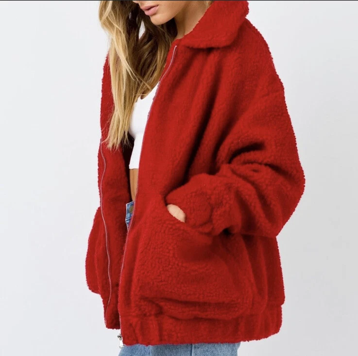 I. AM. GIA. Pixie Red Oversized Full Zip Teddy Jacket Medium Holiday Fleece