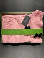 KATE SPADE NY CABLE HAT-SCARF-ARM WARMERS 3 PC. SET PINKW/BLACK VELVET BOW NIB