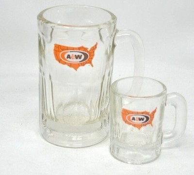 A&W ROOT BEER U S Map All American Food VTG Clear Mug 6'' & 3.5'' Float Mug SET