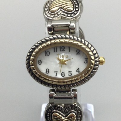 Trelu Womens Watch MOP Oval White Dial Heart Open Cuff Bangle Two Tone