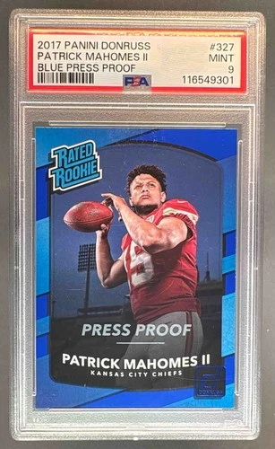 9301 Patrick Mahomes II 2017 Panini Donruss #327 Press Proof Blue RC Rated PSA 9