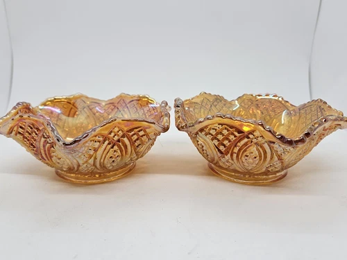 Vintage Pair of Marigold Iridescent Carnival Glass Ruffled Edge Glass Bowls