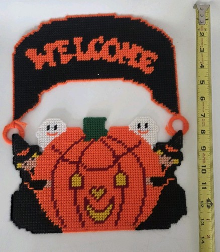 Vintage Halloween Needlepoint Decor Wall Hanging Welcome Ghost Jack O Lantern