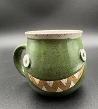 Flynn Day Handmade Pottery Toothy Monster Coffe/Tea Mug Cup Green With b