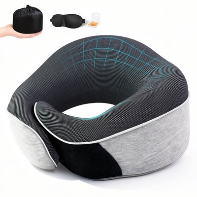 Travel Neck Pillows for Airplanes- 360° Memory Foam Travel Pillow with Portab...