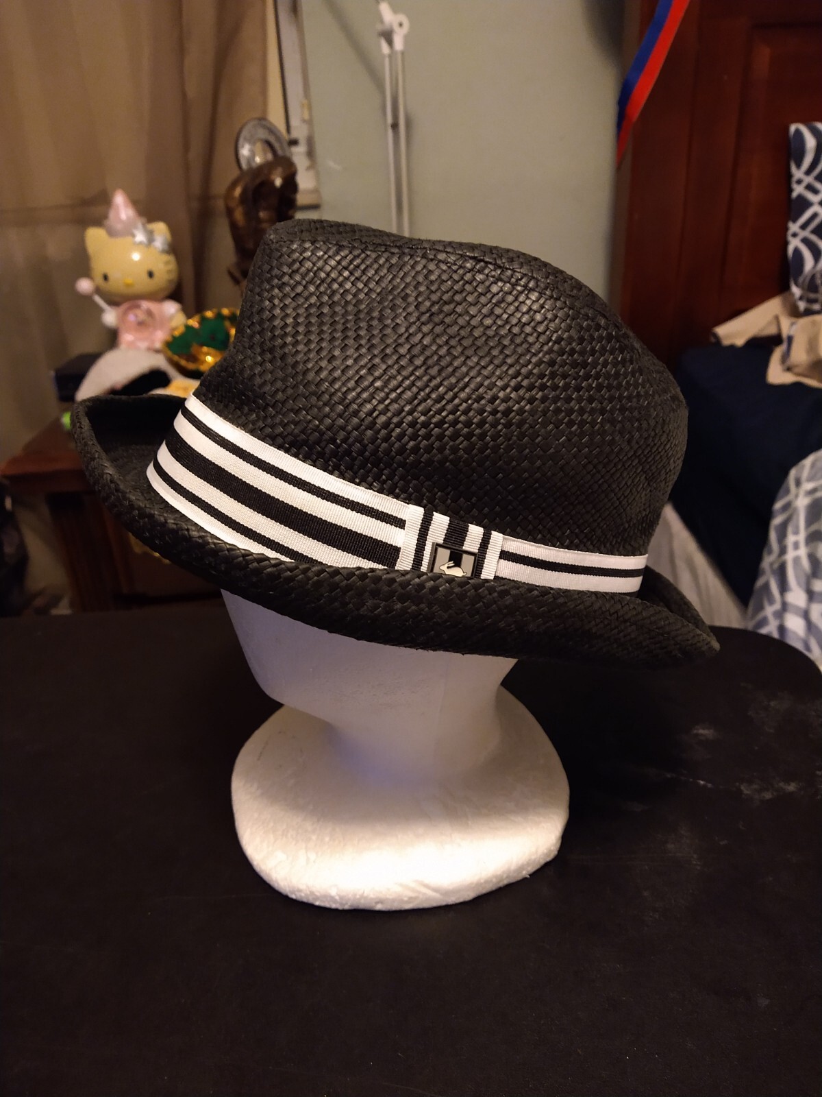 Peter Grimm 100% Paper Fedora Hat Gray Stripe Band Wire Brim L/XL
