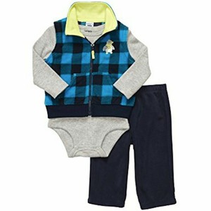 NWT-CARTER-039-S-BOYS-3PC-Blue-Plaid-Fleece-Vest-GRAY-Bodysuit-amp-NAVY-Pants-Set-3M