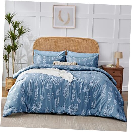 Floral Comforter Set Cute Flower Bed in a Bag Boho 7 Pieces, Soft Full Blue