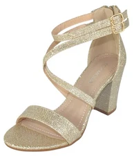 MODA Women Block High Heels Open Toe Double Ankle Strap Back Zipper BETH-8 Gold