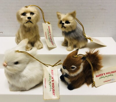 Maker's Holiday Ornaments x4 Dogs Squirrel Rabbit Faux Fur Animal Ornaments
