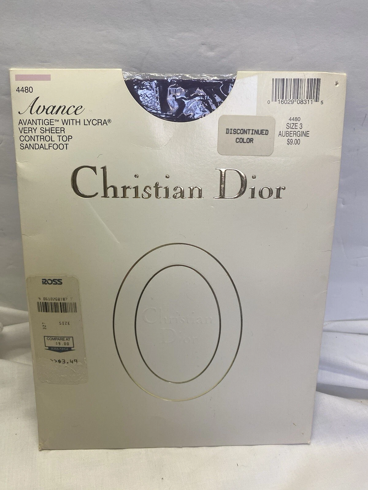NOS Christian Dior 4480 Control Top très transparent collant taille 3 rare violet