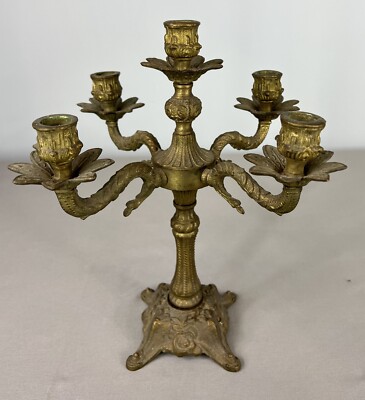Antiker französischer Messing Kerzenleuchter - verzierter 5-armiger Kerzenhalter (Lot 3604)