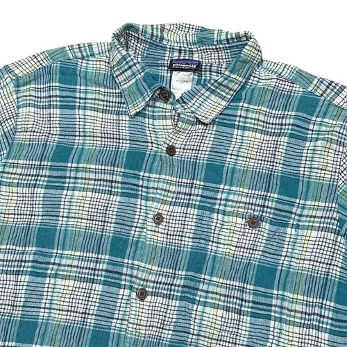 Patagonia A/C AC Lightweight Teal Blue Green Plaid Button S/S Shirt Mens Large - Picture 3 of 9