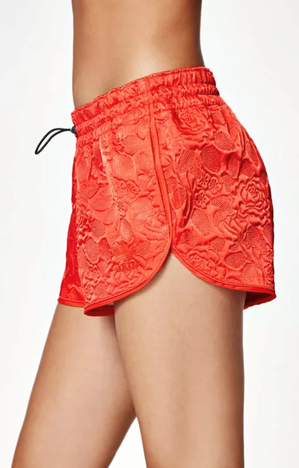 ADIDAS ORIGINALS RED FLORAL JACQUARD SATIN TRACK RUNNING SHORTS SIZE: XS