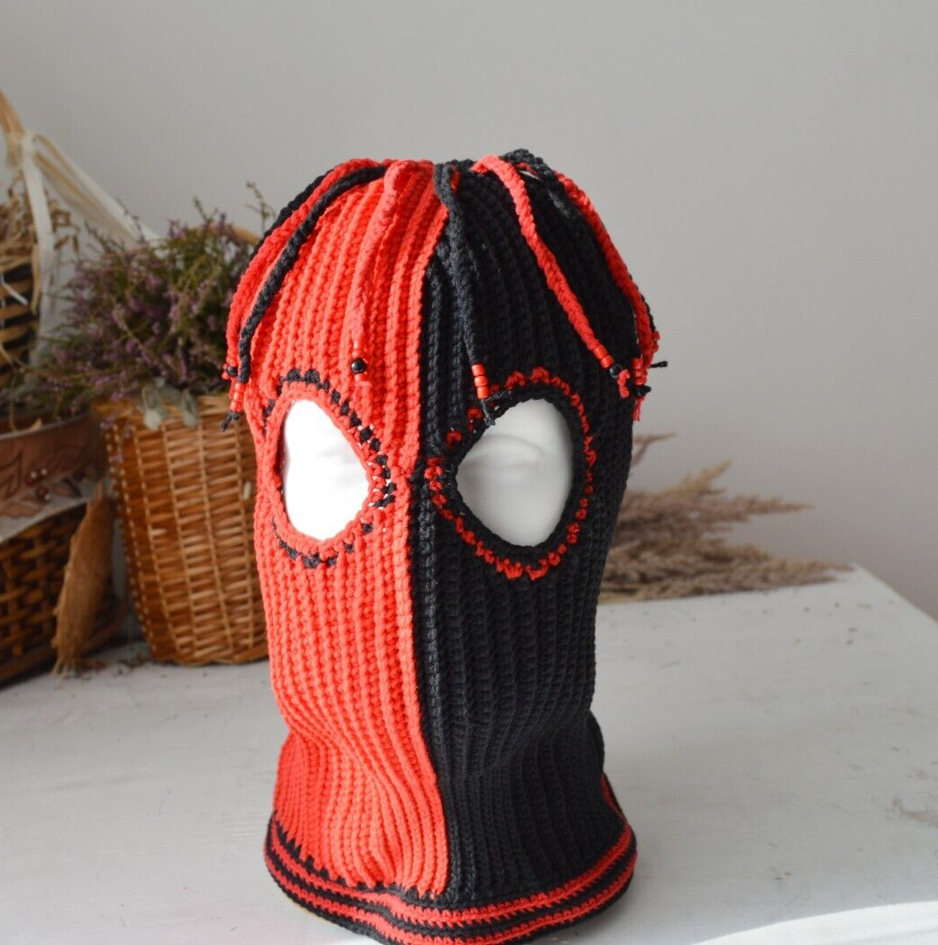 Custom knitted black red balaclava ski mask dreadlocks women men