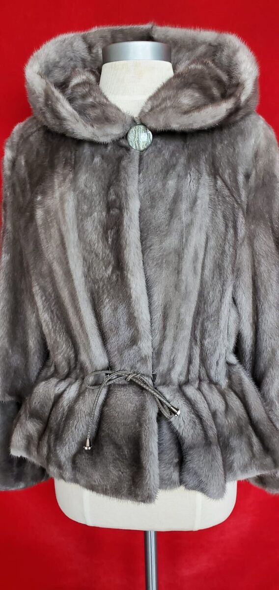 Saga Furs Gray Mink Fur Hooded Drawstring Waist Jacket Size 40