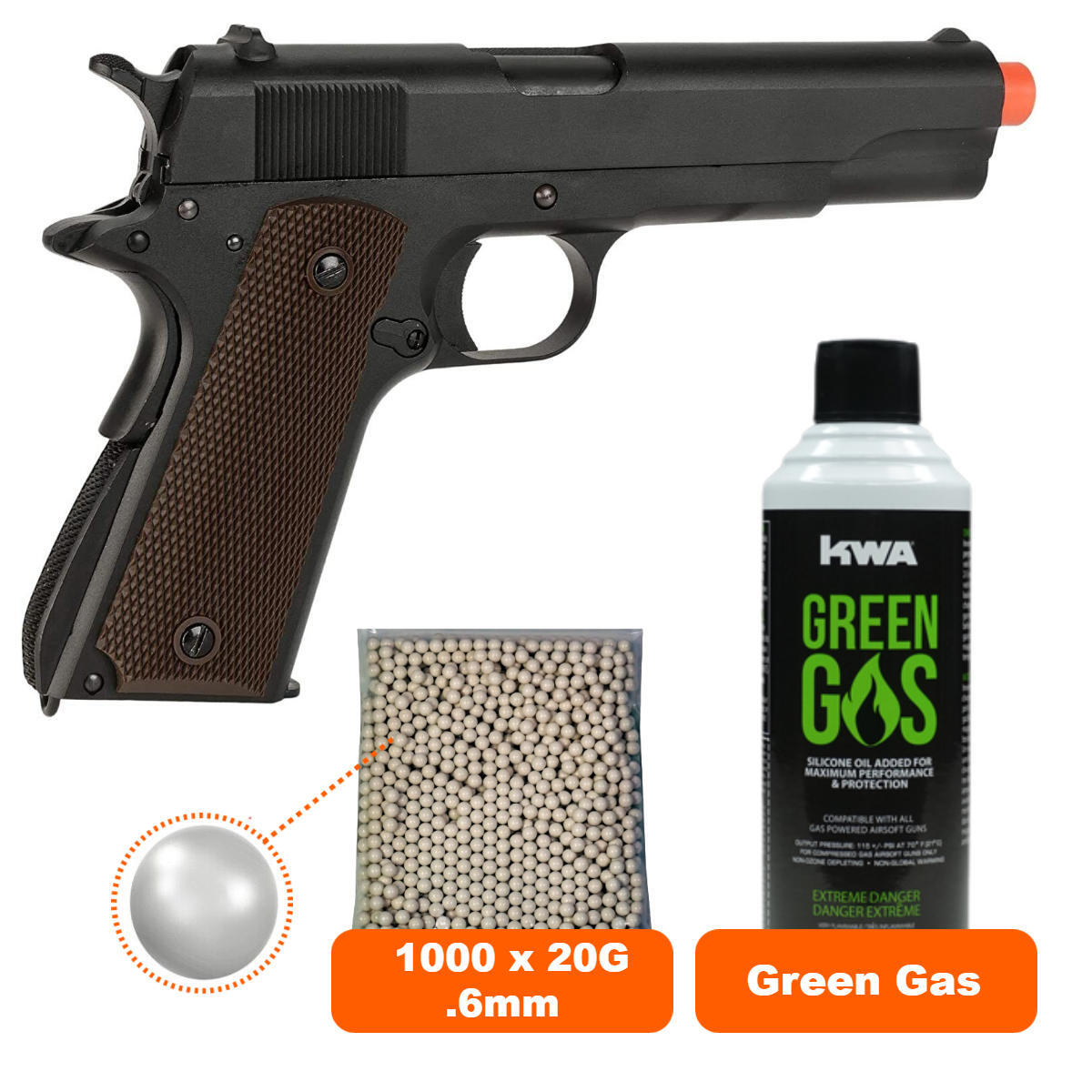 SRC SR1911 Gas Blowback GBB Airsoft Pistol + Green Gas + 1000 BBs 