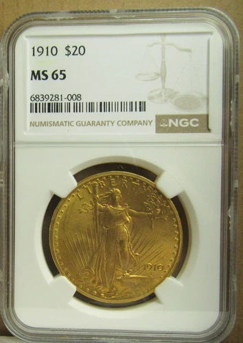1910 $20 DOLLAR SAINT GAUDENS, NGC MS 65, Rare Gem, Looks 66.