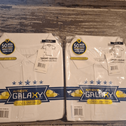 Authentic Galaxy School Uniform White Short Sleeve Polo Shirt Sz 16 NEW (2 Pack)