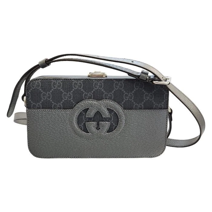 Sac bandoulière toile Gucci GG Supreme gris découpe imbriquée G occasion Italie