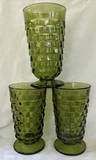 Set Of 3 Vintage Whitehall Cubist Avocado Green Footed Iced Tea Glasses