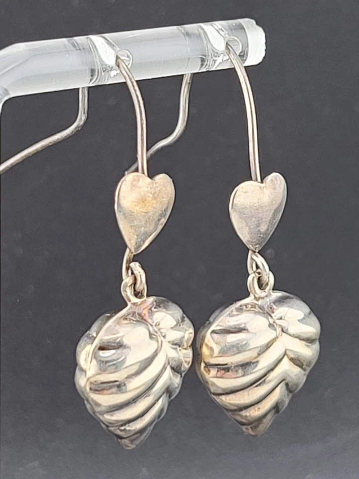 Vintage Sterling Silver Puffy Dimensional Heart Chandelier Earrings - Image 3 of 4
