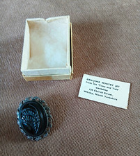 Whitby Jet Genuine Oval Carved Floral Brooch Pin with Box Black Silver