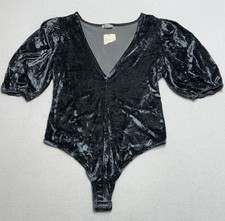 Free People Don t You Wish Bodysuit Women s Medium Blue Crushed Velvet NWT
