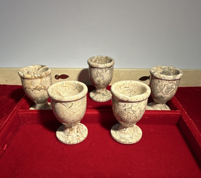 Set of 5 Stone Marbled Cups Polished Finish, Beige Brown Gray 2.5in