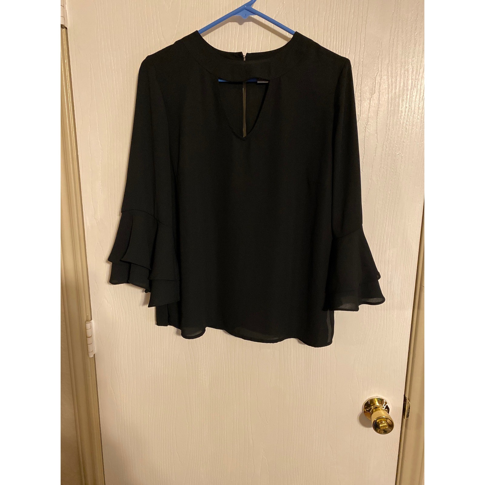 Soho New York & Company Jeans Black Ruffle Bell Sleeve Keyhole Blouse Small