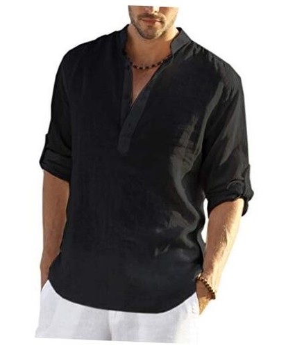 Men's Cotton Linen Henley T-Shirts Long Sleeve Hippie Casual XX-Large Black - Picture 7 of 7