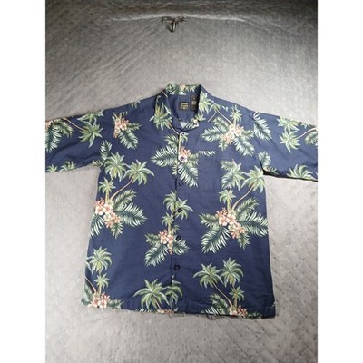 Cotton Traders Sport Mens Medium Navy Blue Tropical Palm Tree Floral Aloha Shirt